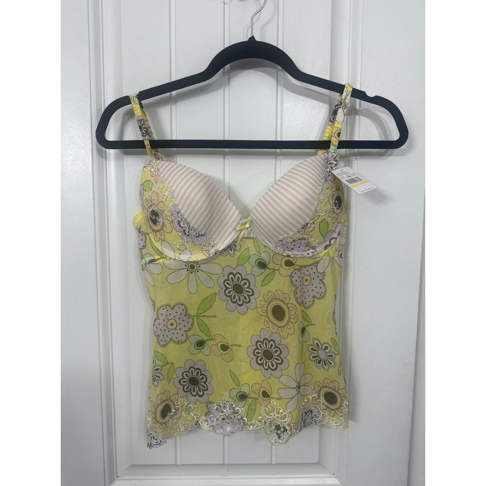 Blush Lingerie Yellow Floral Push Up Camisole Sheer Mesh Lace Trim Size Medium